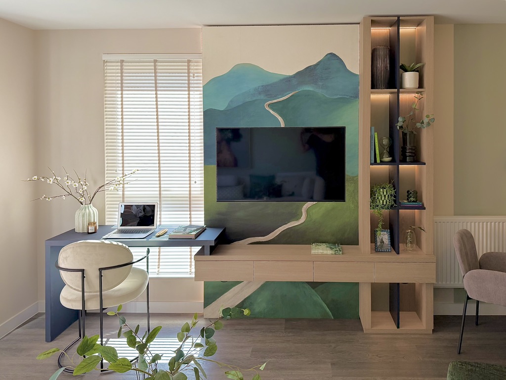 Mural Media Wall — Hand-painted feature with cantilever desk