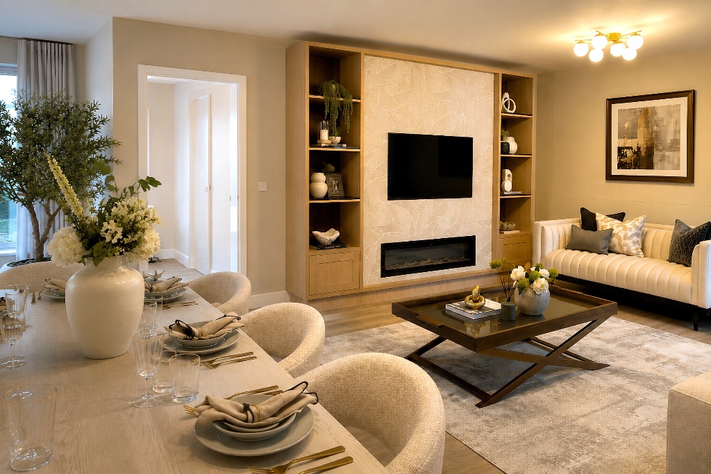 Textured Wallpaper Media Wall — Integrated electric fireplace