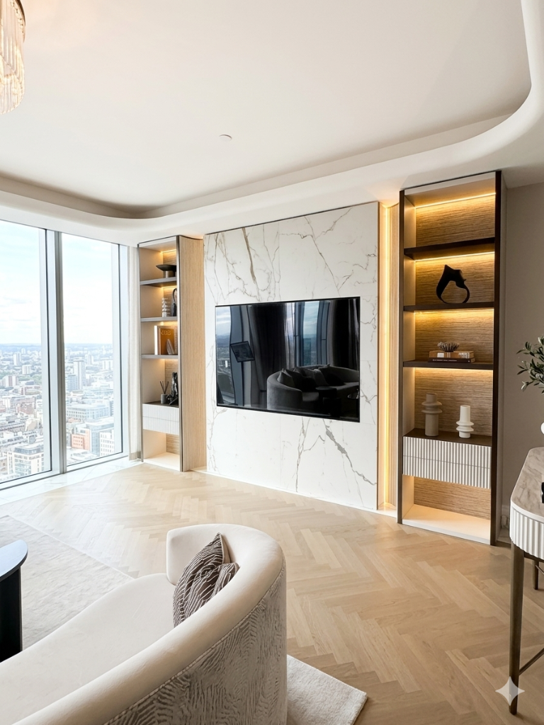 Marble & Oak — LED-lit shelving with fluted base cabinets