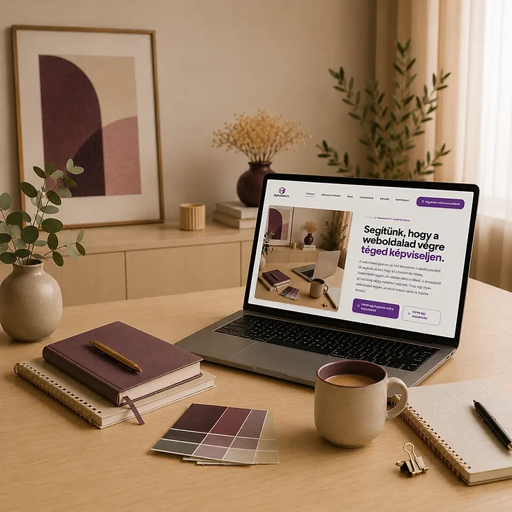 DigitálisTerv – AI támogatott weboldalkészítés Modern otthoni munkakörnyezet laptopon megjelenő DigitálisTerv weboldallal
