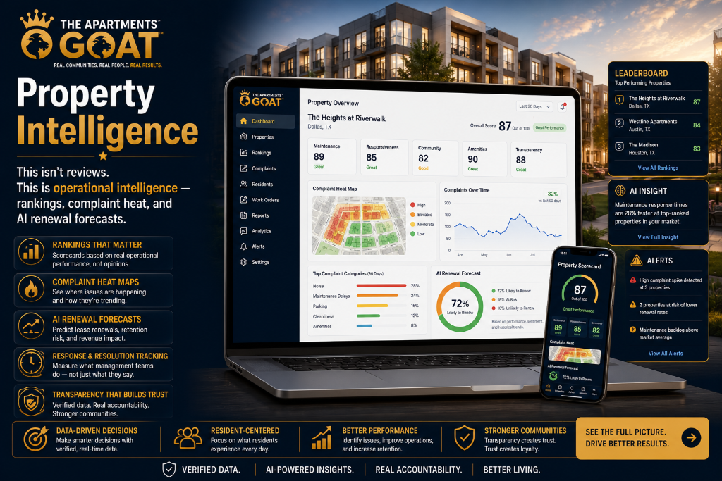 Property Intelligence — operational intelligence, rankings, complaint heat, and AI renewal forecasts
