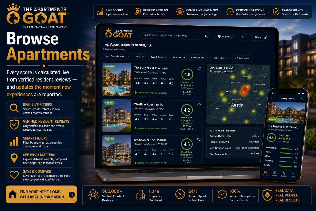 Browse Apartments — live scores, verified resident reviews, complaint heat maps, and response tracking
