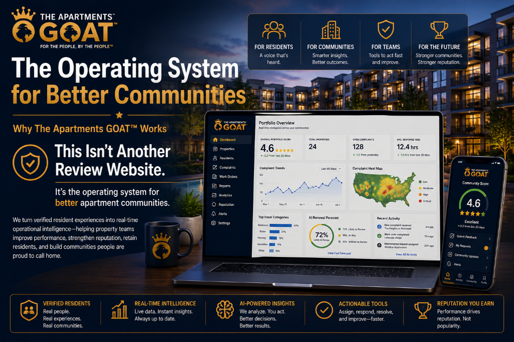 The Operating System for Better Communities — dashboard and mobile mockup