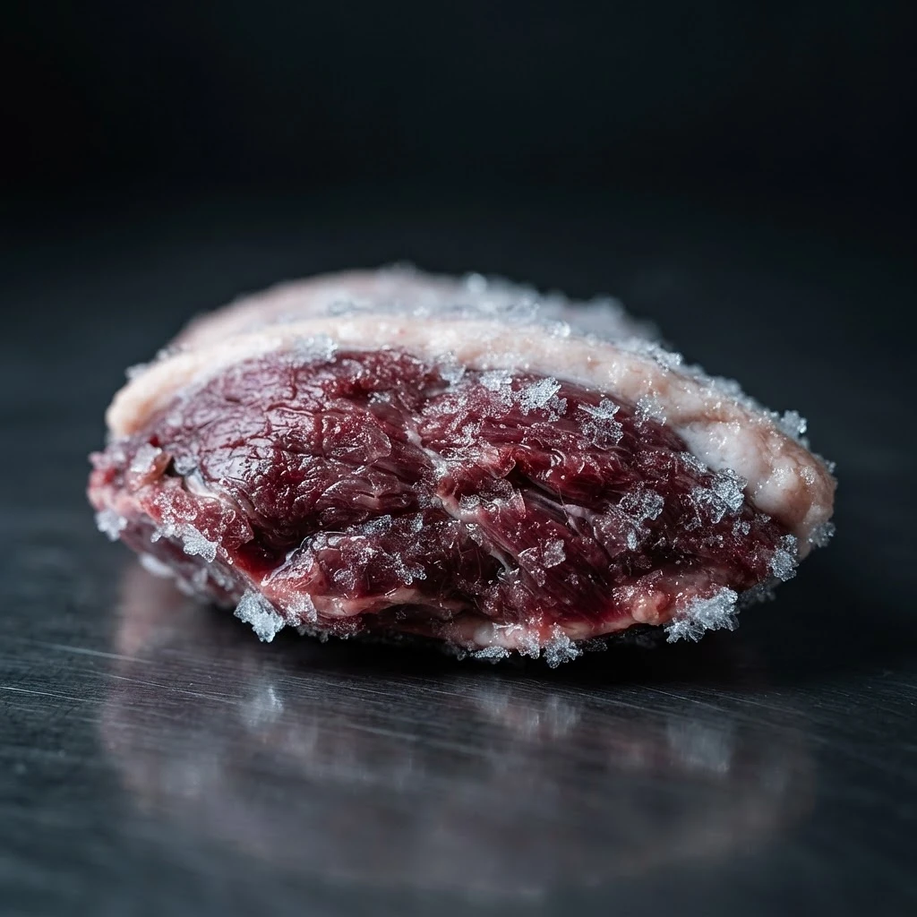 Raw duck breast with frost crystals on dark steel