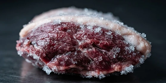 Raw duck breast with frost crystals on dark steel