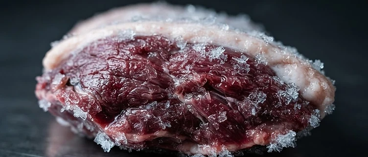 Raw duck breast with frost crystals on dark steel