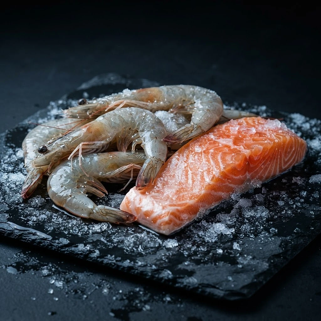Fresh frozen salmon and prawns on dark wet slate with ice crystals