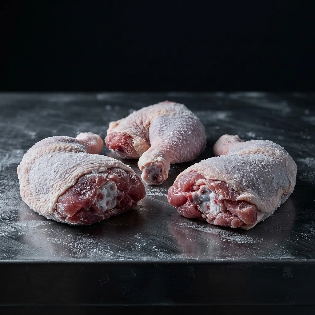 Frozen chicken portions on dark brushed steel
