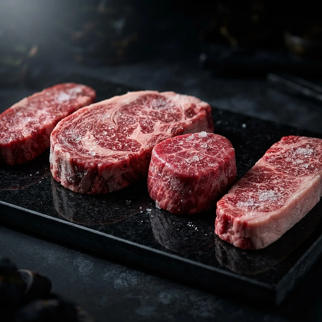 Premium raw beef cuts with frost on dark polished stone