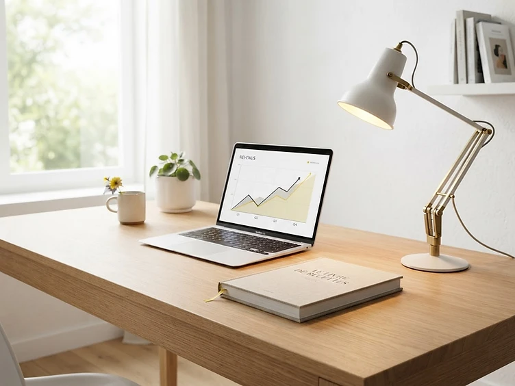 Bureau minimaliste éclairé par une lumière chaude