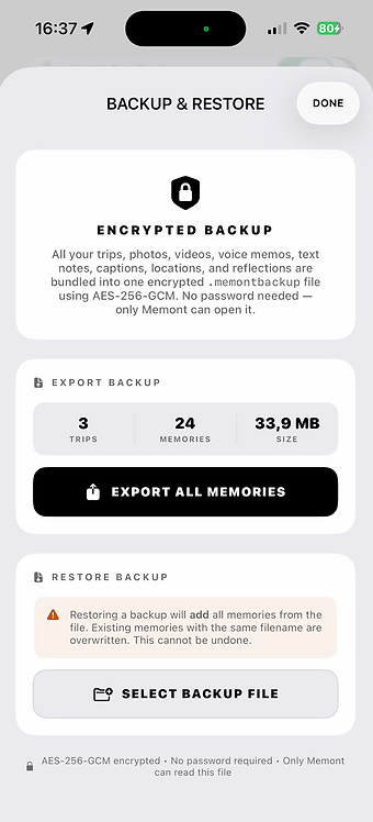 Memont Backup & Restore screen showing encrypted backup export and restore options