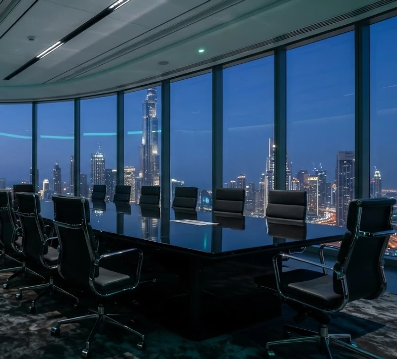 Modern Dubai boardroom overlooking the skyline