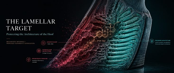 Scientific cutaway of the equine hoof lamellar interface showing pathological injury in magenta transitioning through a copper PTP-102 molecular motif to preserved cyan lamellar architecture.