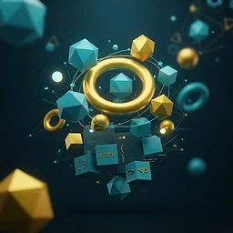3D floating geometric shapes in teal and gold