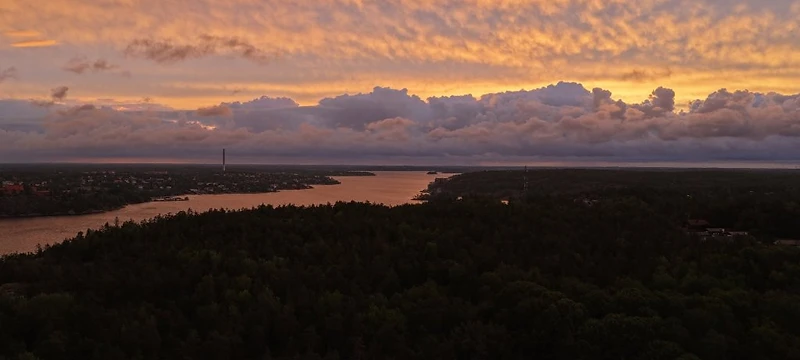 Gyllene timmen över skog och vatten sedd från luften
