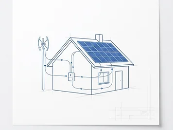 Ilustrace fotovoltaických panelů a větrné turbíny na domě