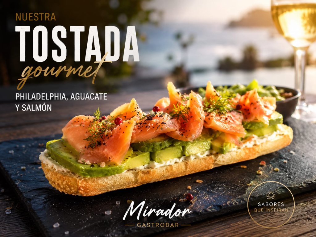 Tostada gourmet con salmón y aguacate, cocina mediterránea de Mirador del Serpis en Gandía