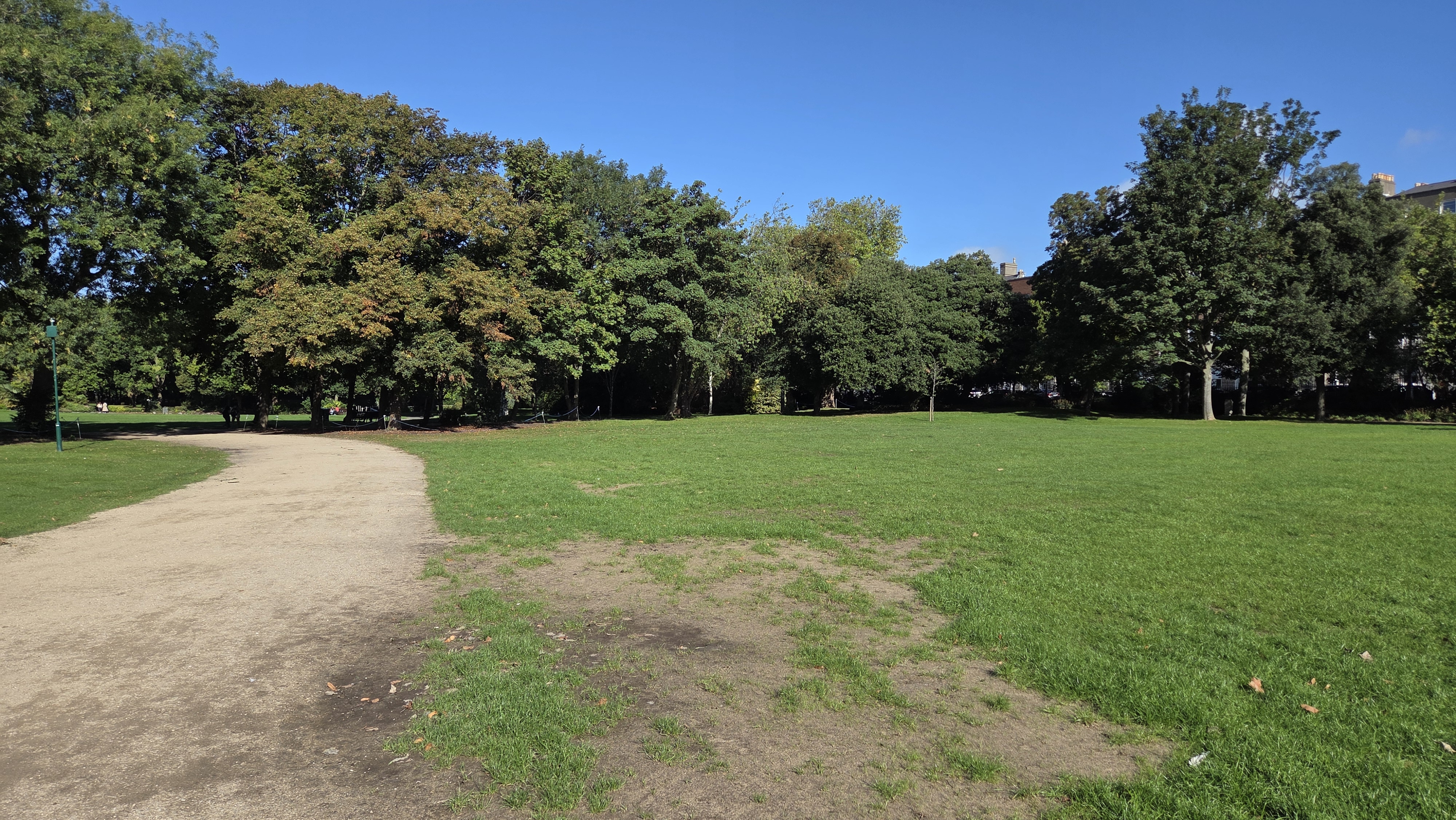 The open central lawn framed by the mature perimeter tree line