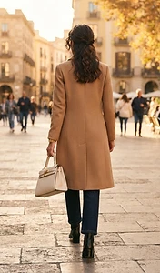 Woman in camel coat walking through sunlit plaza