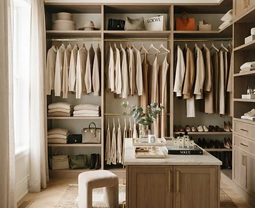 Organized walk-in closet in neutral tones