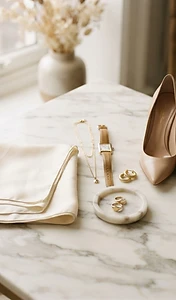 Accessories arranged on marble surface