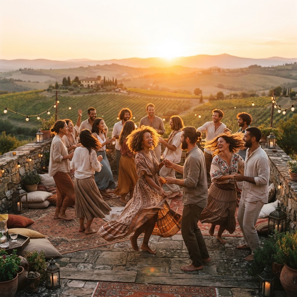 Musizierende Gemeinschaft bei goldenem Licht auf einer Terrasse