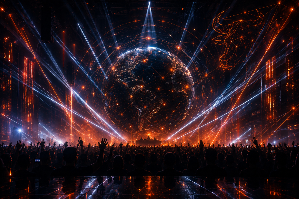 Dance4Vision Konzert mit Globus-Projektion und Lasershow bei Nacht