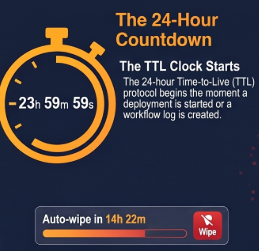 24-hour ephemeral lifecycle countdown timer with auto-wipe progress bar