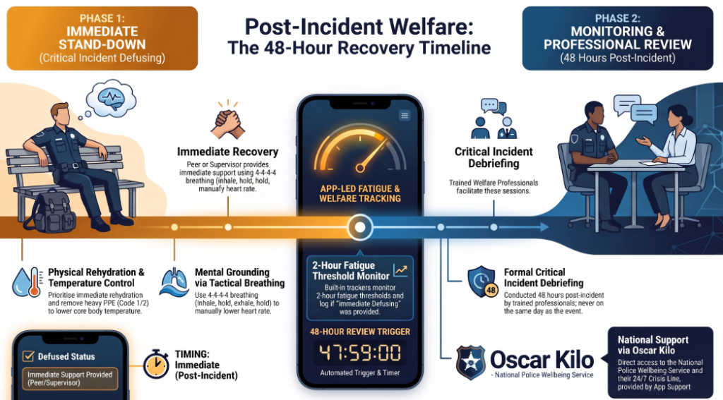 Post-Incident Welfare 48-hour recovery timeline with fatigue tracking