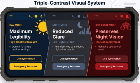 Triple-Contrast Visual System — Day, Night and Red-Light modes