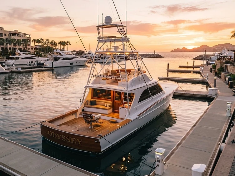 Luxury sportfishing boat at marina