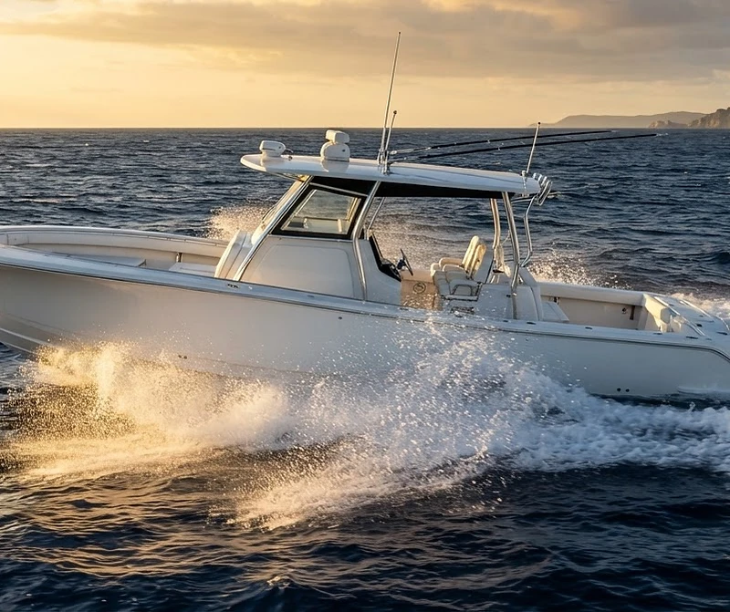Luxury center console boat at sea