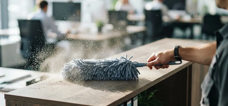 Professional cleaning service dusting an office cabinet in Windsor
