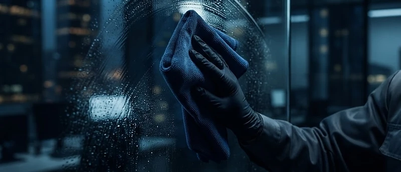 Close-up of professional commercial cleaning in action — glass surface being wiped and disinfected
