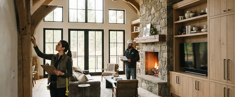 A high-end rustic-modern living space under audit