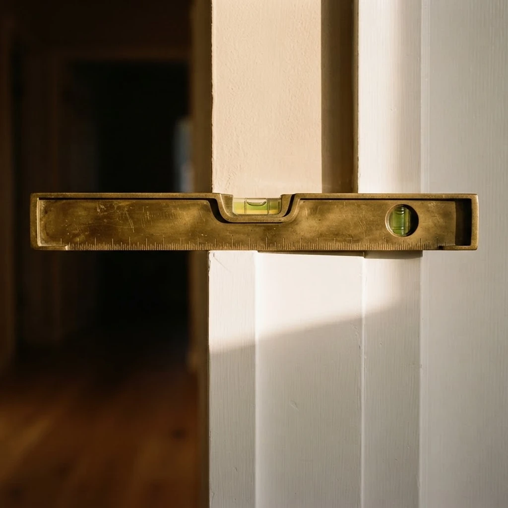 A brass level resting on a trued door jamb