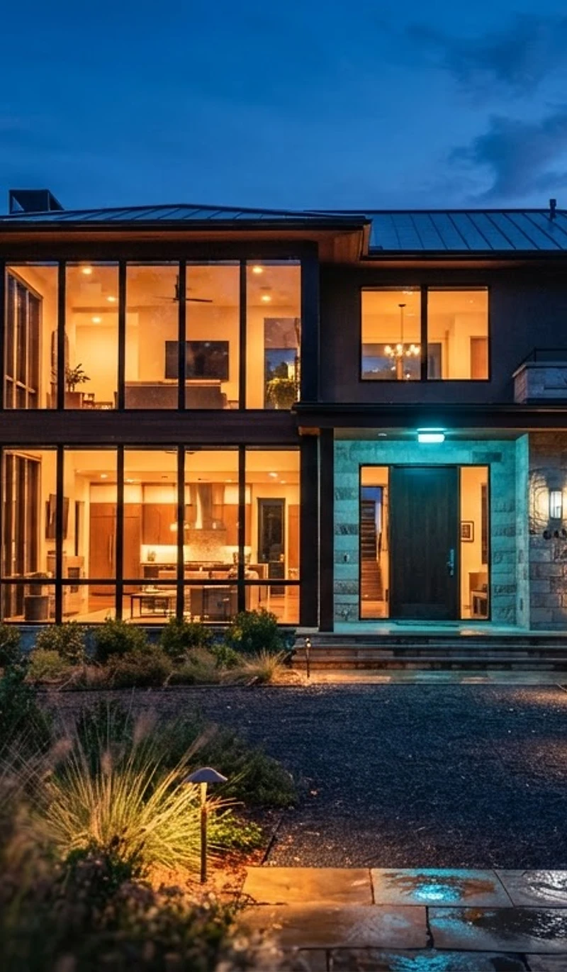 Modern home at dusk, windows glowing warmly