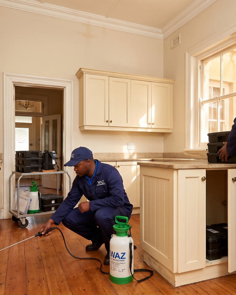 WAZ Pest Management technicians performing professional interior pest control treatment