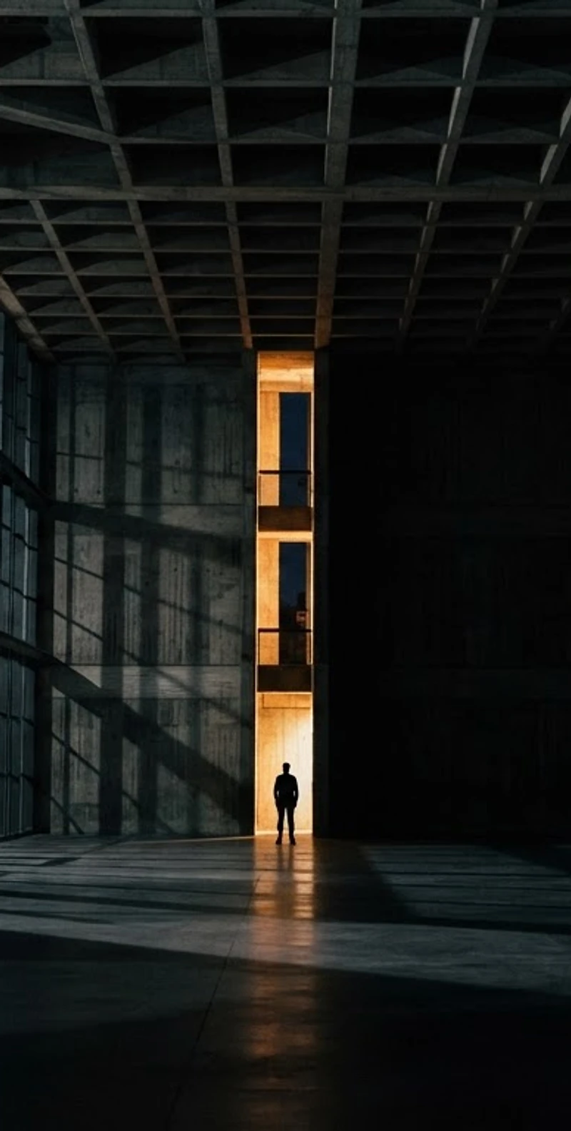 Architectural space with single human figure. Amber light against dark concrete