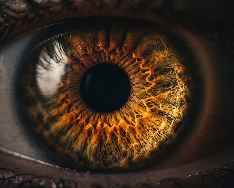 Macro photograph of a human iris. Warm amber and gold tones