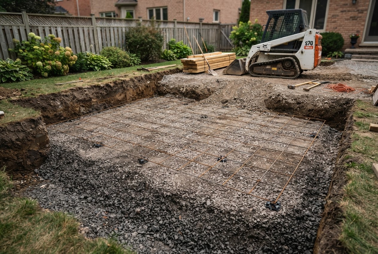 Excavation and compacted gravel sub-base with rebar reinforcement during patio construction