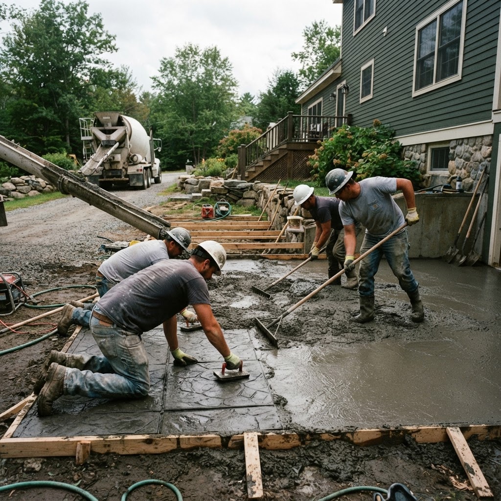 Elite Outdoor Services crew pouring and stamping fresh concrete on a residential patio