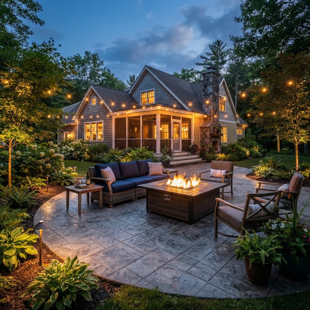 Finished stamped concrete backyard patio with fire pit and lounge furniture at dusk
