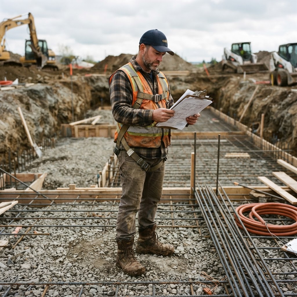 Patrick St. John reviewing plans on site at an excavation with gravel base and rebar
