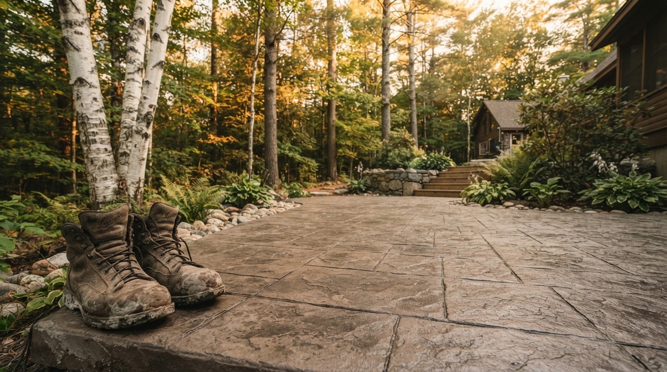 Finished stamped concrete patio with slate pattern in a New Hampshire backyard at golden hour
