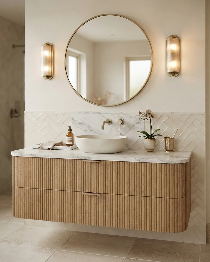 Contemporary bathroom vanity with fluted oak cabinet and brushed brass fixtures