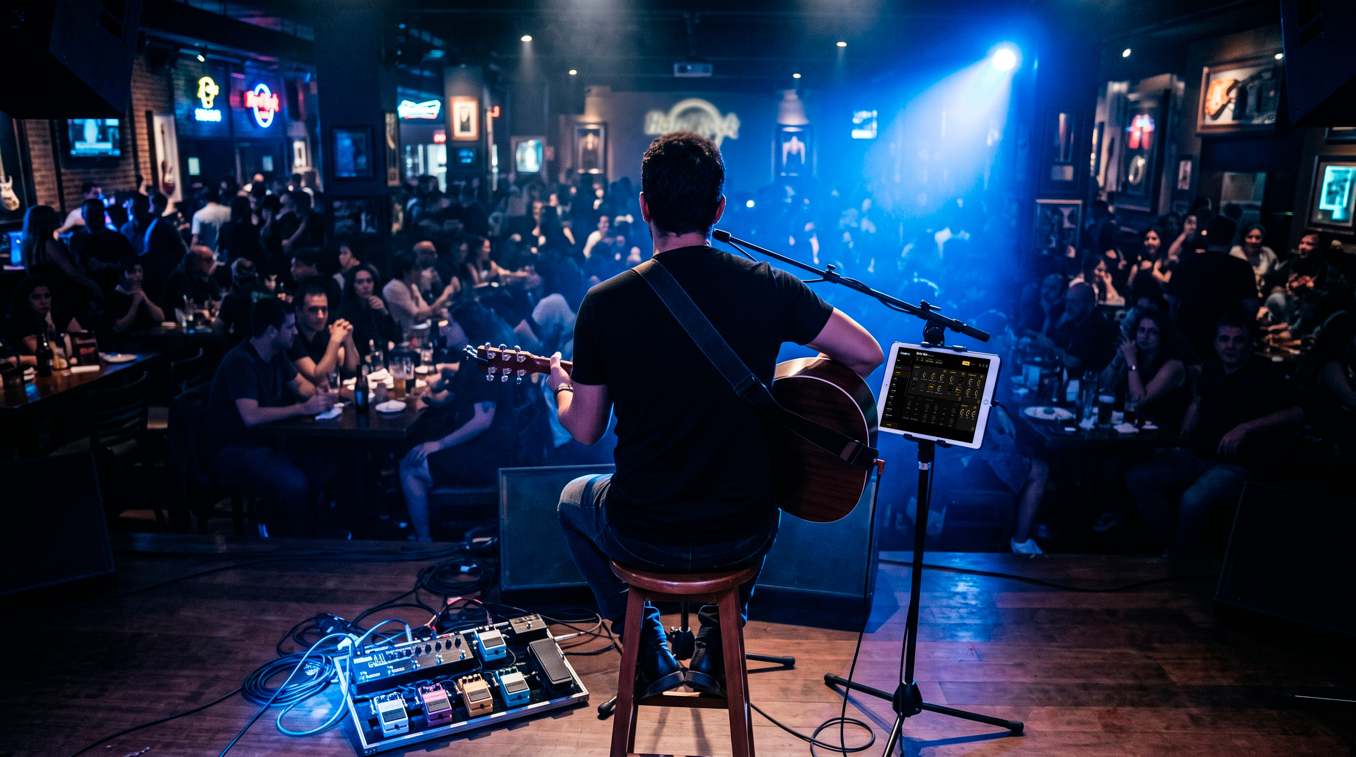 A guitarist playing a bar gig, tablet on the mic stand
