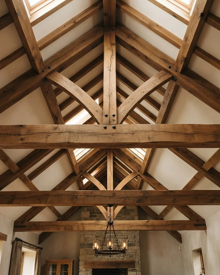 Exposed open-beam oak ceiling detail