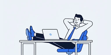 Relaxed business owner with feet up at desk after system deployment