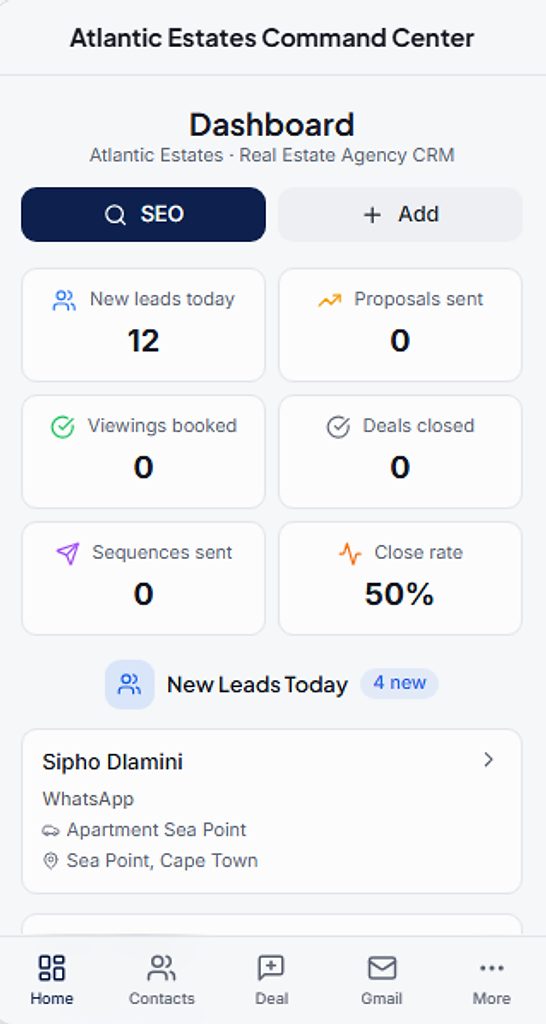 Atlantic Estates — real estate agency CRM mobile dashboard